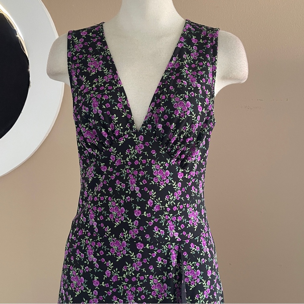 Connected Apparel Size 12 Blue Floral Midi Dress Deep V Ruffle Slit Feminine - Picture 3 of 15